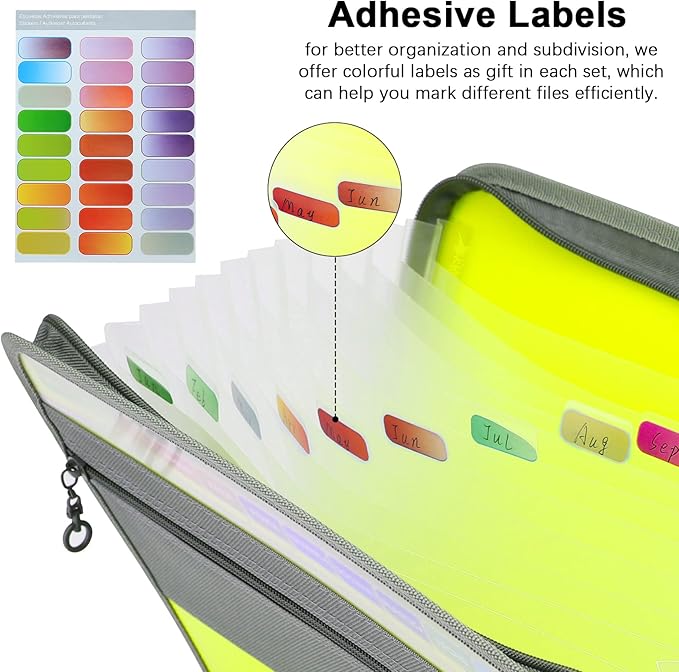 NAFY Expanding File Folders, 2Pack 13 Pockets Document Organizer with Zipper, A4 Letter Size Portable Accordion Expanding File Folders with Multicolor Labels for Office School Supplies (Black+Green)
