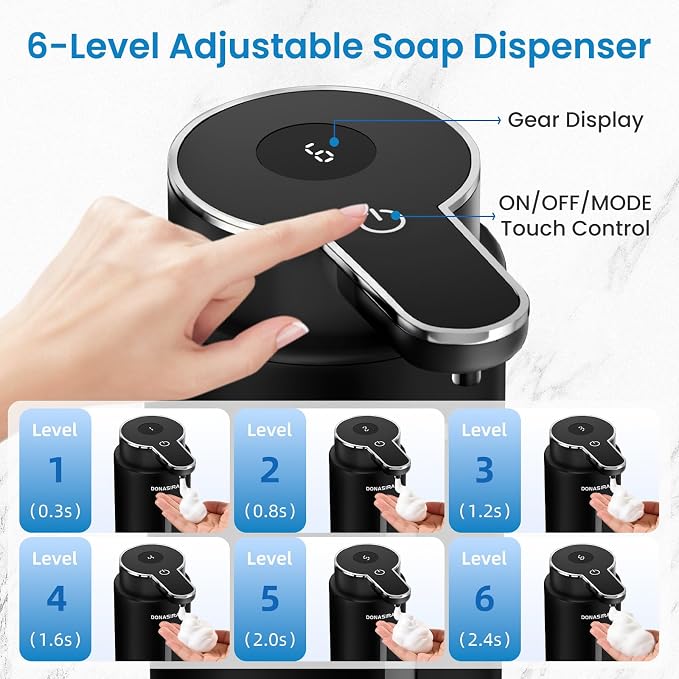 Automatic Foaming Soap Dispenser Touchless, 15oz/420ml USB-C Rechargeable Hand Soap Dispenser, 6-Level Adjustable Foam, IPX5 Waterproof, Wall Mount or Countertop for Bathroom Kitchen, Black