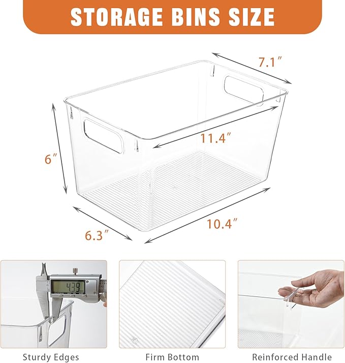 Freebat 6 Pack Large Clear Plastic Storage Bins,Plastic Containers with Handle for Pantry Organizer and Storage,Perfect for Kitchen,Fridge,Cabinet, Closet,Bathroom Under Sink Storage