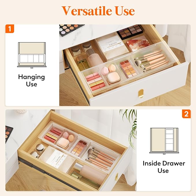 Lifewit Sliding Makeup Drawer Organizer, Fits 13-20" Deep Drawers, Extendable Hanging Divider, 1.8" High Plastic Tray for Vanity, Office, Kitchen, White, 2Pcs