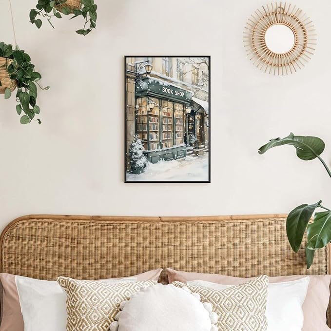Winter Book Shop New York Book Lover Art Aesthetic Poster Canvas Wall Art Decoration Living Room Home Decor Bedroom Decoration Poster black framed24x36inch