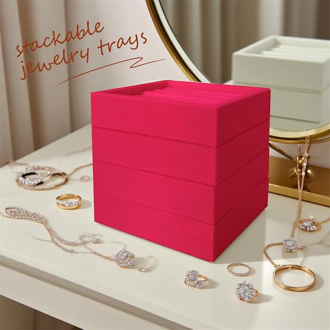 SCIKHETF Velvet Ring Earrings Studs organizer Tray Small Ring Insert Display Tray 5 Slots Stackable (Rose Red)