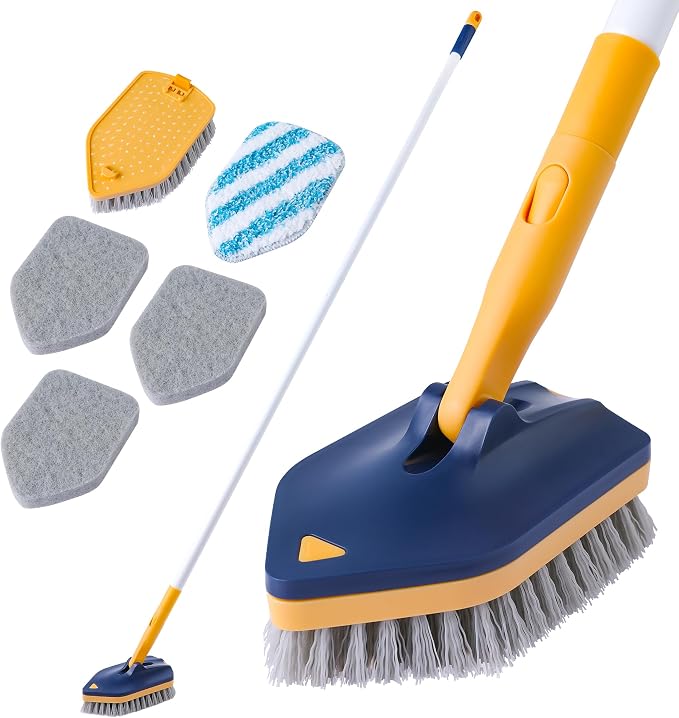 BOOMJOY Tub Scrubber with Long Handle, 58" Extendable 3 in 1 Tub Cleaner Brush with Long Handle, No Scratch Shower Cleaning Brush for Bathtub, Bathroom Ceilings, Toilet, Kitchen, Floor