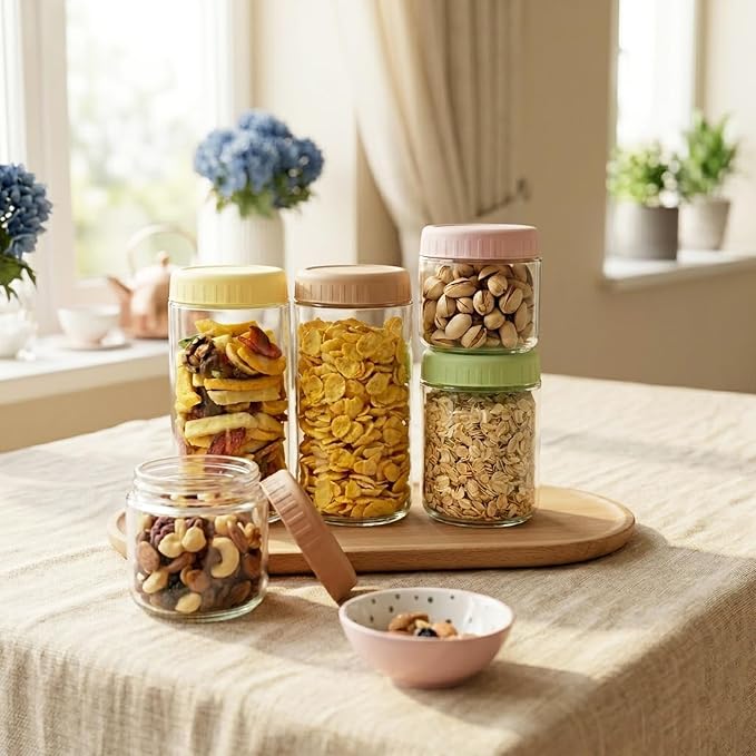 SHOWIN Overnight Oats Containers with Lids, 24oz Glass Jars with Lids 4 pcs, Taffy, Wide Mouth Mason jars for Salad, Yogurt, Snacks, Meal Prep