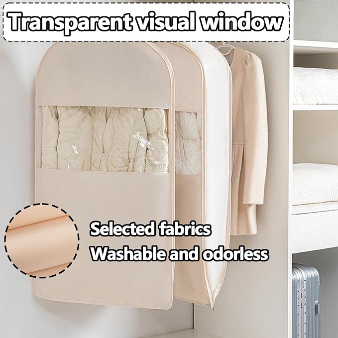 Space Saving Hanging Garment Bag with Self Compression Zipper，Dust Cover Clothes Bags for Down Coat,Dress,Suit，Closet Storage Organizer for Home Travel Use(Pink, M+L+XL)