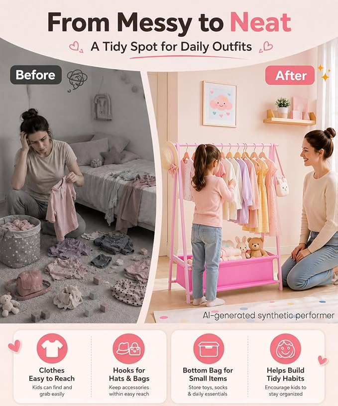 Homde Sturdy Kids Clothes Rack: 66 lb Capacity for Growing Wardrobe Needs | Hanging Rod Holds Clothes, Basket Stores Items Below - Helps Kids Build Tidy Habits - Angled Bamboo Side Frames Add Stability