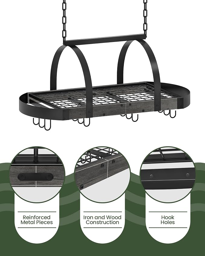 CHOEZON Hanging Pot Rack, Pot Hanger for Kitchen, Ceiling Mounted Pot Holder, Cookware Organizer with 12 S-Shaped Hooks, for Pot, Pan Storage, Space-Saving, Charcoal Black and Black TPR08BCC1