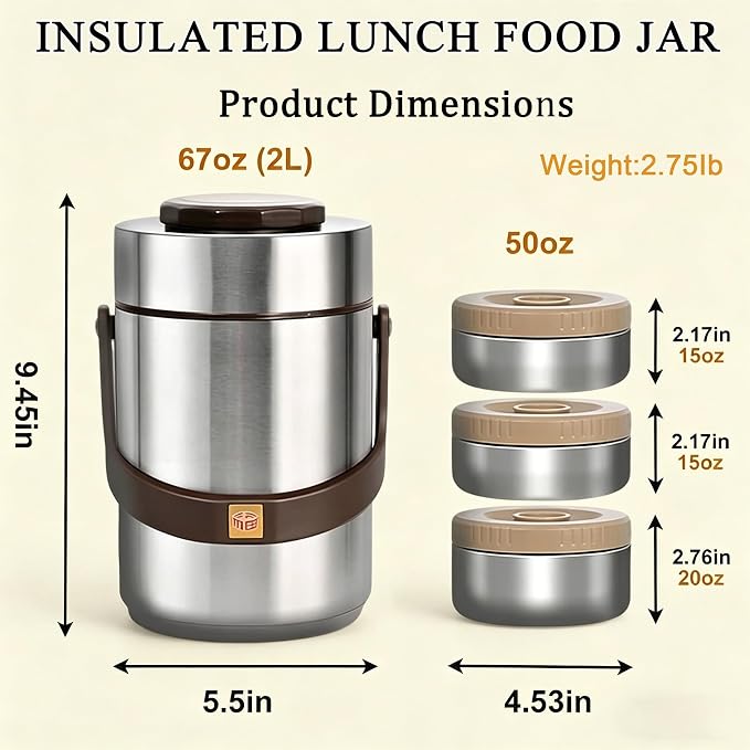 67 oz Stainless Steel Vacuum Insulated Food Jar, 3-Layer Stackable Design | Sealed Leak-Proof Wide Mouth Portable,Suitable for Daily Office Meals and Outdoor Meals (Silver)