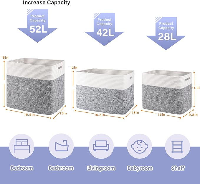 OIAHOMY Storage baskets for Shelf, Toy Storage Basket, Collapsible Storage Bins, Blanket Basket Living Room, Closet Storage for Bedroom, 16.5 x 13 x 12 Inches-Pack of 2-Grey