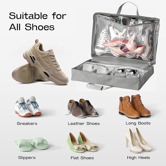 Shoe Bag for Travel with Handle, Travel Shoe Organizer Portable Luggage Shoe Storage Bag, Shoe Bags for Packing in Suitcase (Grey)