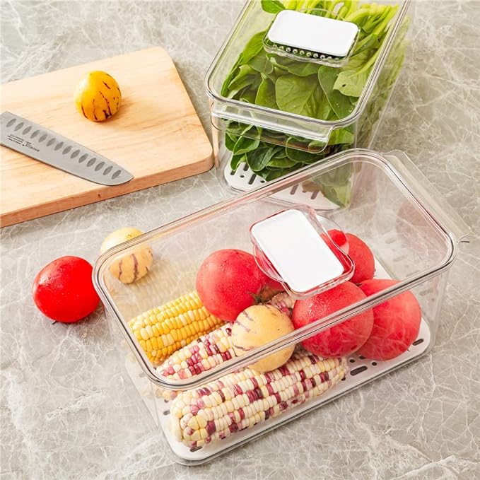 Slideep Refrigerator Food Storage Containers, Lettuce Keeper Large Produce Saver Stackable Container with Lids & Removable Drain Tray, Clear Veggie Fruit Salad Lettuce Container -2 Pack