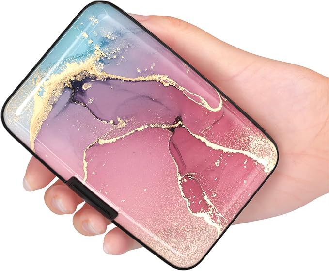 Credit Card Holder for Women, Mini RFID Metal Wallet Credit Cards Holder Cute Pocket Business Card ID Case, Purple Marble