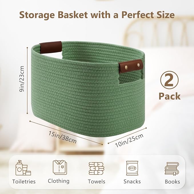 ECDYQXVU 15x10x9" Woven Cotton Rope Storage Basket, Leather Handles 2 Pack | Foldable Design, Sturdy PU Handles, Easy to Clean Organizer for Living Room, Closet, Shelves, Bedroom, Laundry, Clothes