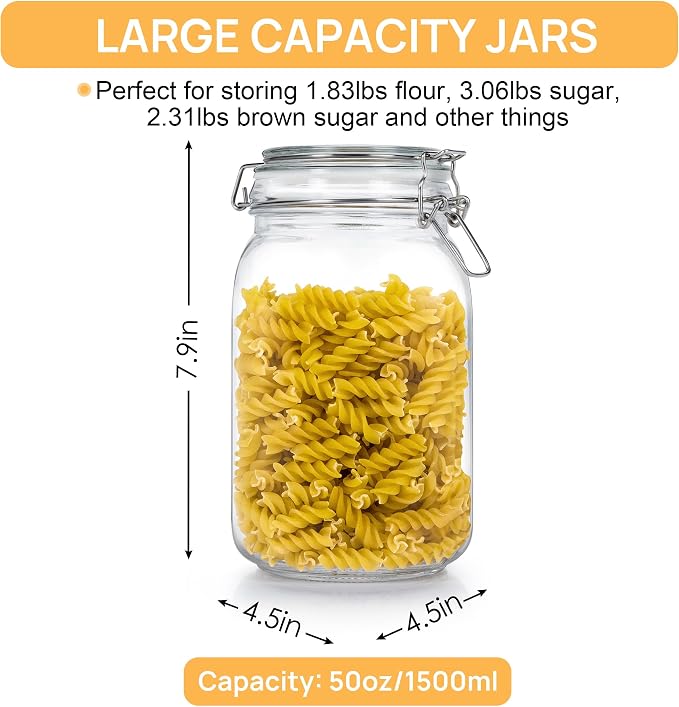 CHEFSTORY 50oz Glass Food Storage Jars with Airtight Clamp Lids, 3 Pack | Food Storage Canister for Kitchen, Pantry Organization, Square Mason Jars for Storing Sugar, Flour, Cereal,Coffee,Cookies