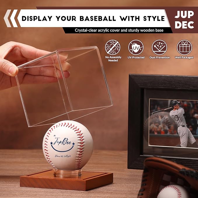 JupDec Baseball Display Case, Clear Cube Baseball Holder with Wooden Base, Autograph Baseball Stand Box for Single Ball, Acacia Wood, Brown, 2 Pack