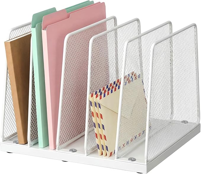 LEKETREE Small Desk File Organizer, 5-Section Upright File Sorter, Vertical File Folder Holder, Mesh Metal Wood Office Desktop Organization for Document, Magazine, Books and more (White)