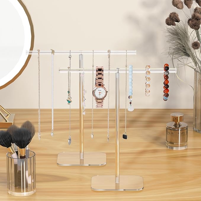 Jewelry Stand Necklace Stand 2 Tower, Clear Necklace Holder, Jewelry Holder | Acrylic Jewelry Organizer, Bracelet Hanging Organizer, Display Stand for Bangles, Rings, Earrings and Watch