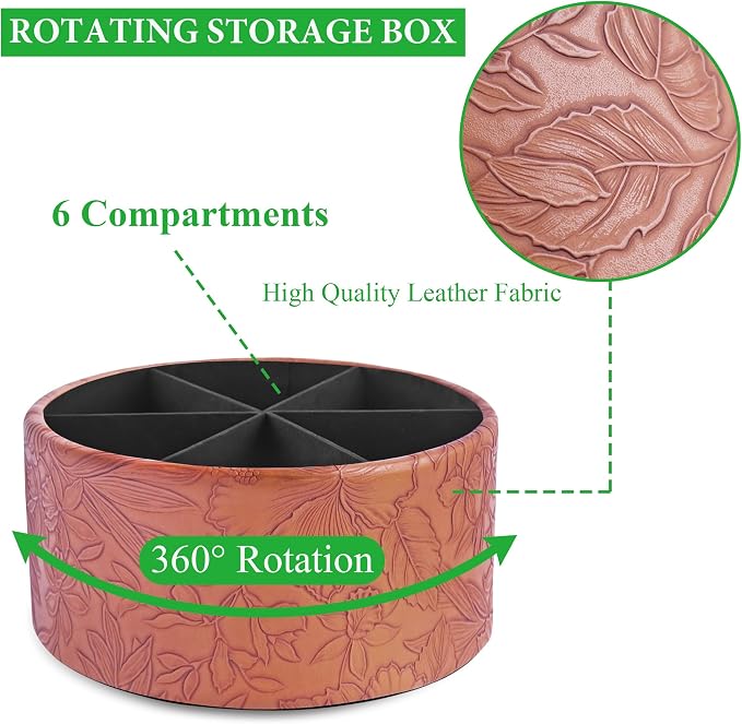 Remote Control Holder, 360°Spinning PU Leather Desk TV Remote Caddy,Desk Storage Box Room Accessories for Controller, Media,Mail,Calculator, Mobile Phone,Pencil(1-Carved Brown)