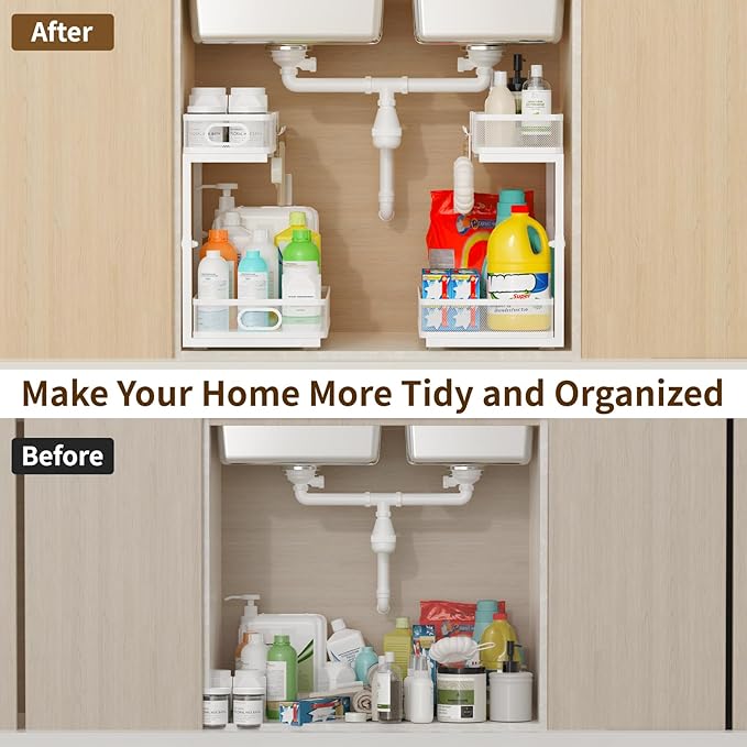 Under Sink Organizer 2 Pack, 2-Tier Slide Out Cabinet Organizer with Metal Sliding Drawer and Hooks, Pull Out Storage Baskets for Kitchen Bathroom Pantry Cabinet Organization (White)