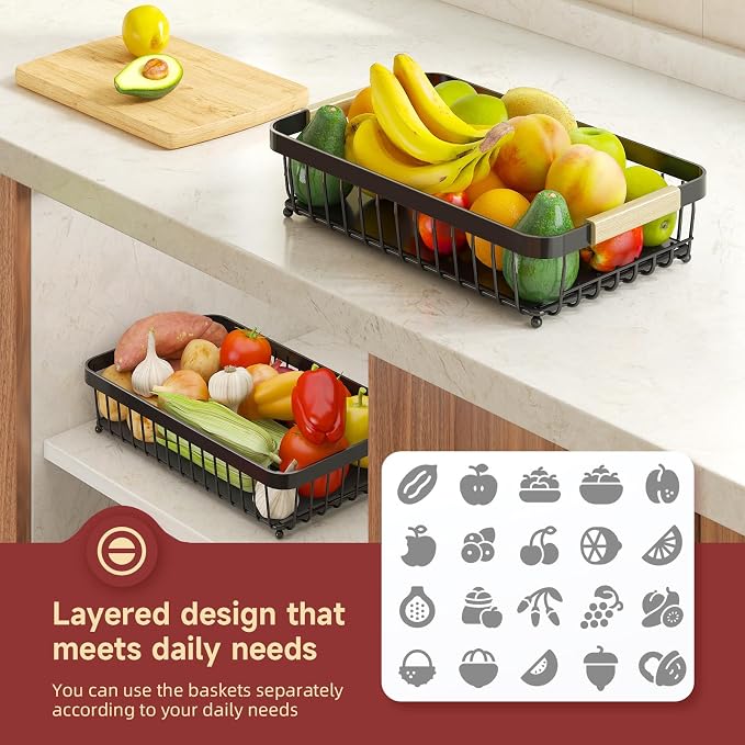 Sevenblue 2-Tier Fruit Basket with Banana Hangers, Detachable Metal Bowl | Wooden handle, protective mats included. Versatile holder for bread, snacks, and veggies. Extra Large 2 tier metal design.