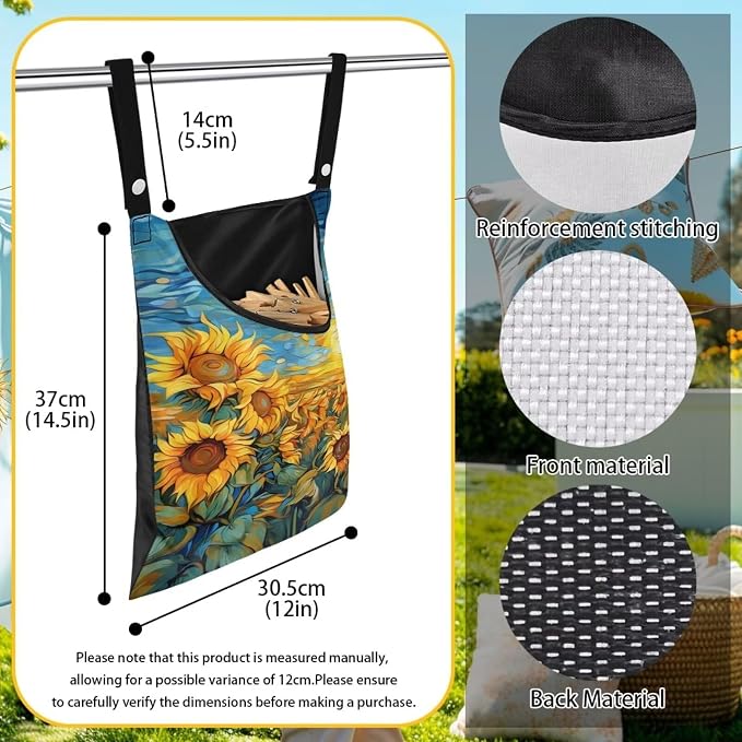 Sunflowers Clothespin Bags Laundry Hanging Storage Organizer Clothes Pin Hanging Bags with Rope Clothespin Holder with an Space-Saving Opening for Clothesline Outdoor