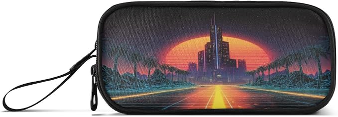 Neon Synthwave Pattern Large Capacity Pencil Case Pouch Organizer stationery Pen Bag with 3 Compartment for School College Supplies
