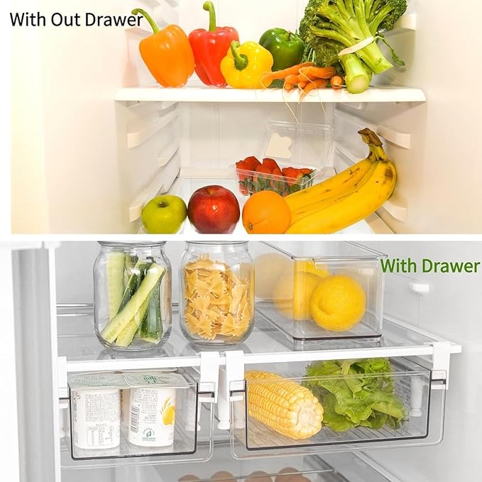 Clear Fridge Organizer Drawer - Plastic Refrigerator Deli Storage Bin for Fruits, Vegetables, Meat & Cheese, Pull-Out Design-M