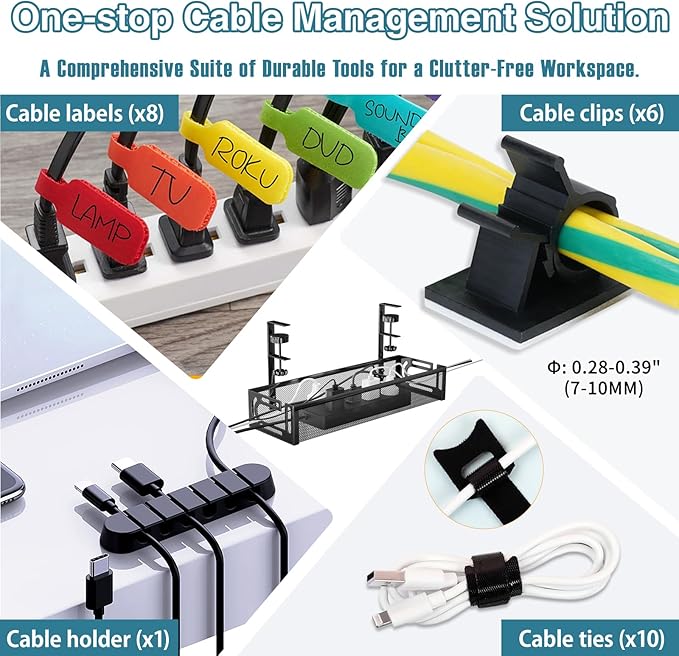 No Drill Under Desk Cable Management Tray, SONATURE 15.7" Cord Organizer for Table, Clamp Mount Desk Cable Management, Premium Carbon Steel Cable Organizer for Office, Home (Black)