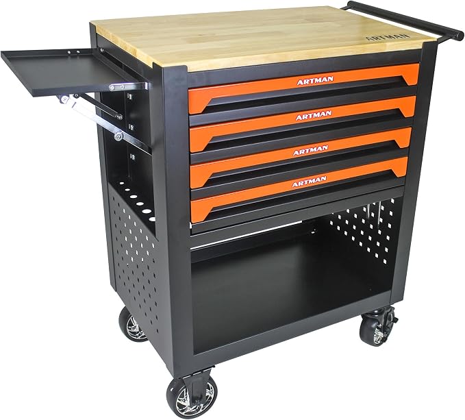 36" Tool Box with Wheels 4 Drawers Rolling Tool Cart, Wooden Top Workbench, 660lbs Total load Tool Cabinet with Locked Drawers Storage Organizer Cabinet for Garage, Warehouse, Repair Shop - Orange