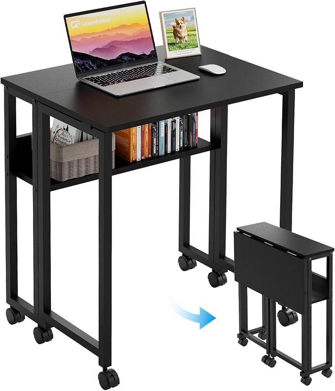GreenForest Folding Desk with Wheels, 24.8" Rolling Table for Small Spaces | Storage Shelf, Lockable Casters, Compact Portable Workstation, Space-Saving Foldable Sofa Table, Home Office, Mobile, Black