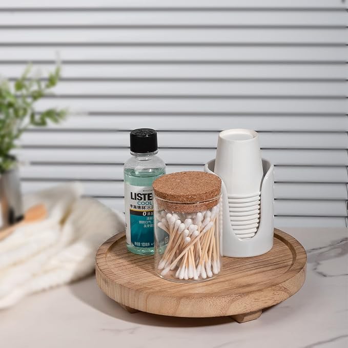 Round Decorative Tray Farmhouse Kitchen Decor Soap Dish, 8" Brown | Waterproof, Lightweight, Easy Clean, Wood Riser Pedestal Stand Accessories for Office Desk, Vanity, Counter, Sink
