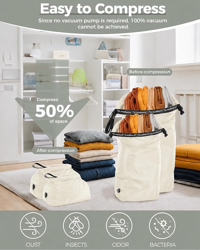 Travel Compression Laundry Bag, Pump-Free Vacuum Space Saver Bag for Dirty Clothes, Reusable Waterproof Wet Dry Bag, Travel Laundry Bag for Luggage, Packing, Suitcase (2 Pcs)（White, M + L)