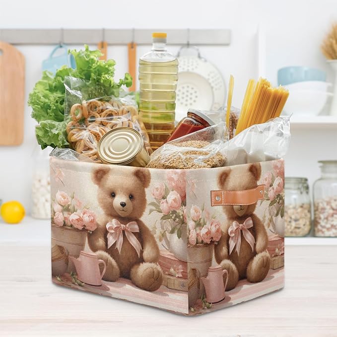 Rectangle Storage Baskets for Shelves, Bear And Roses Storage Cube Organizer Bins Collapsible Toy Basket for Nursery Home Room