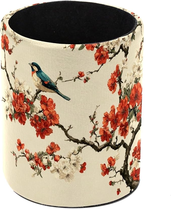 Faux Leather Pen Holder for Desk, Pencil Organizer Flowers and Birds Pen Cup Desk Decor Makeup Brush Holder Storage for Office Home