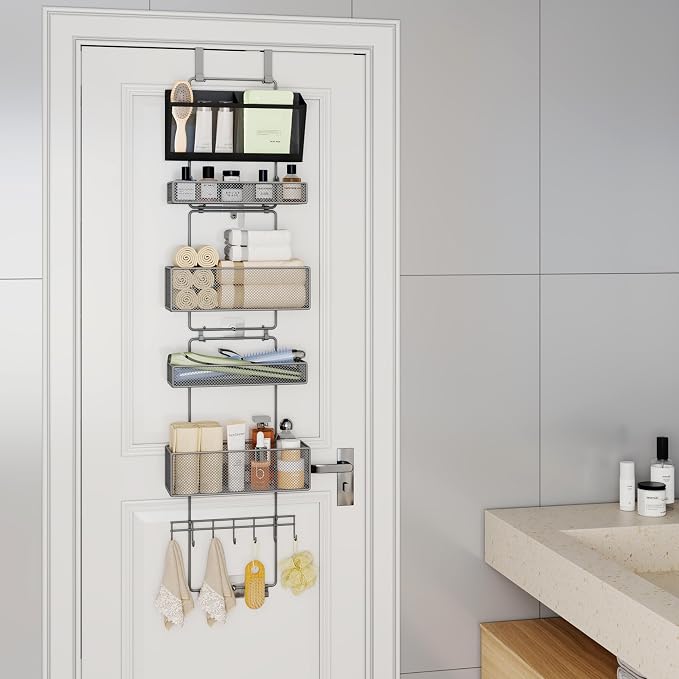 HapiRm Over Door Organizer Hanging - 6 Tier Over The Door Storage with Visual Pockets & Hooks, with 4 Metal Large Capacity Baskets for Bathroom Bedroom Kitchen Pantry Cabinet(Grey)