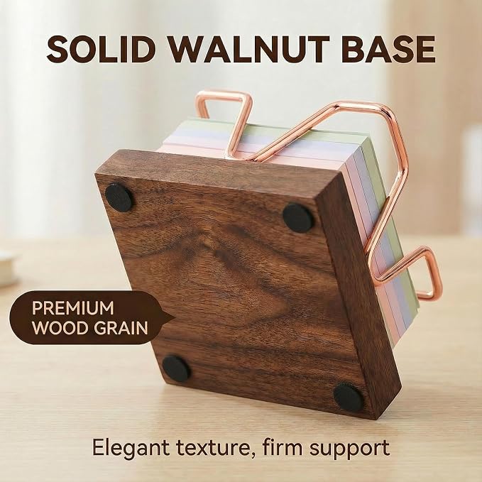 Wood Sticky Note Holder, 3 x 3 inch Self-Stick Note Memo Pad Holder for Desk, Notepad Dispenser for School Office, Rose Gold