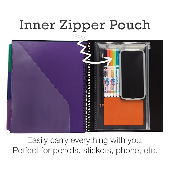 Samsill Spiral Folder Organizer (2-Pack) - 12 Dividers & 24 Pockets with Zipper Pouch, Multi Pocket Color Cordinated Folder Binder with Customizable Tabs, Document Organizer (Basic)