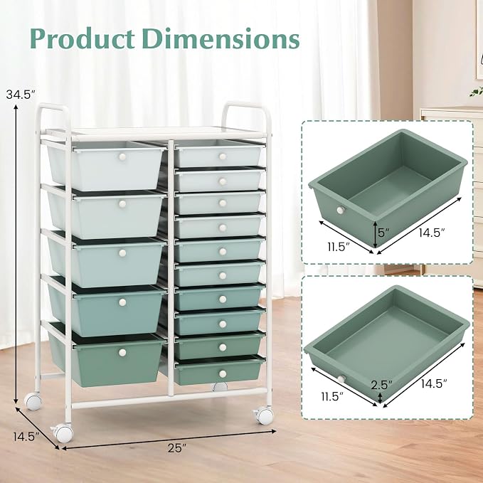 RELAX4LIFE 15-Drawer Storage Drawer Carts - Mobile Rolling Utility Cart | 34.5"H White Metal Frame, Gradient Green Drawers, Rolling Wheels; Classroom School Office Home Craft Utility Storage