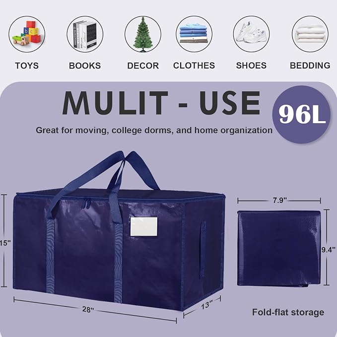 4 Pack-Extra Large Heavy Duty Moving Bags - Waterproof Storage Totes with Handles & Zippers, Foldable for College Dorm, Storage (Dark Blue)