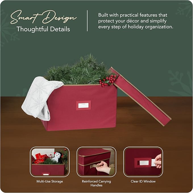 Covermates Keepsakes Treasurekeeper Storage Box – Heavy-Duty Polyester with Sturdy Interior Walls – Stackable Holiday Storage with Handles & ID Window, Red