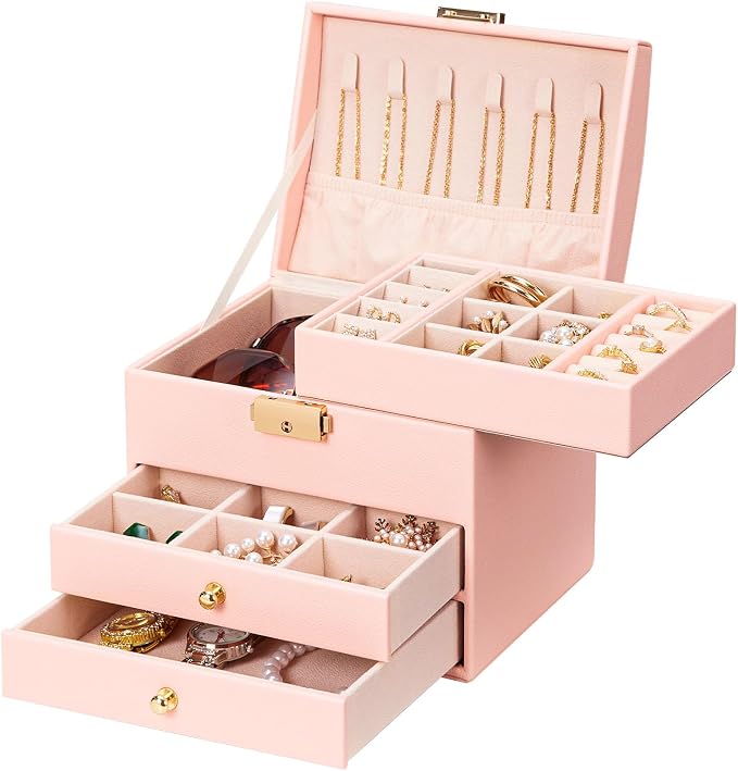 Homde Small Jewelry Box for Girls: 3-Layer Lockable Organizer (Blush Pink) | Removable Tray&Dividers for Flexible Storage - Sort Earrings&Rings&Necklaces for Beginners - Birthday Gift for Teens