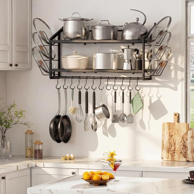 30"Pot Rack Wall Mounted with 6 Pot Lid Holders,12 Hooks for Hanging Pans | 2 tier black heavy duty metal shelves for pots and pans organizer,200lbs capcity, space saving for apartment, neat countertop