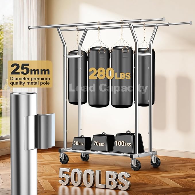 Heavy Duty Rolling Garment Rack, Double Rod Clothing Organizer, Silver | Supports up to 500 lbs, extendable double hanging rod, lockable wheels, storage shelves for bedroom, laundry, and living room