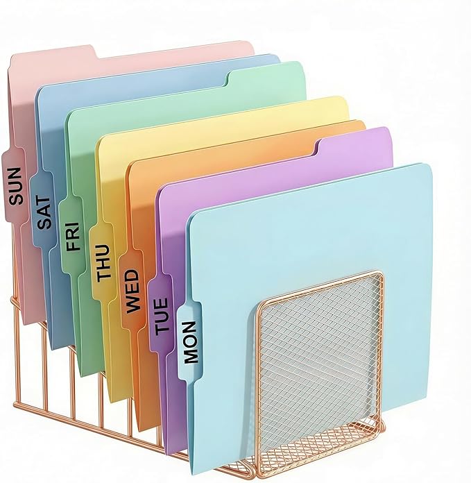 Simmer Stone Rose Gold Desk Organizer 7 Slot Inclined Vertical File Folder Holder Sorter with Mesh Front – Metal Wire Rack for Mail, Slim Binders, Books Office Organization & Desktop Accessories