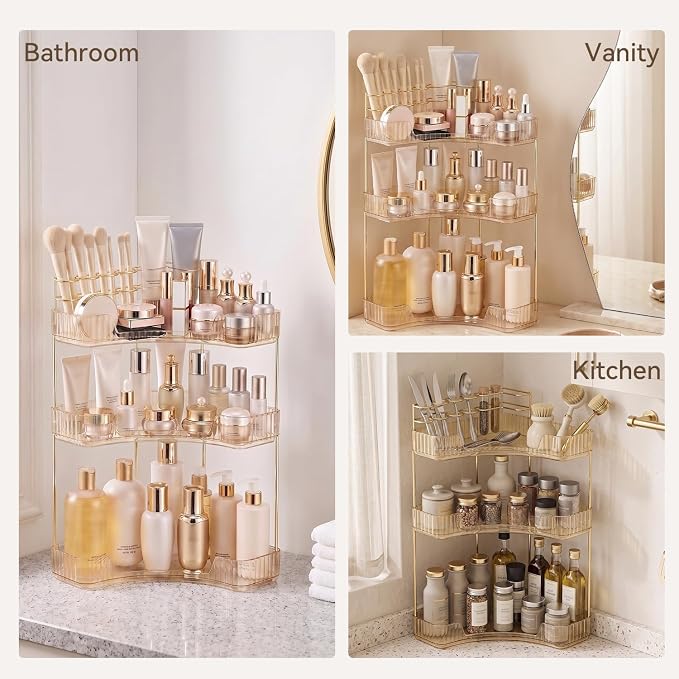 3-Tier Corner Bathroom Counter Organizer with Makeup Brush Holder, Gold | Large Makeup Organizers for Vanity, Corner Bathroom Countertop Organizer for Cosmetic Perfume Skincare Storage