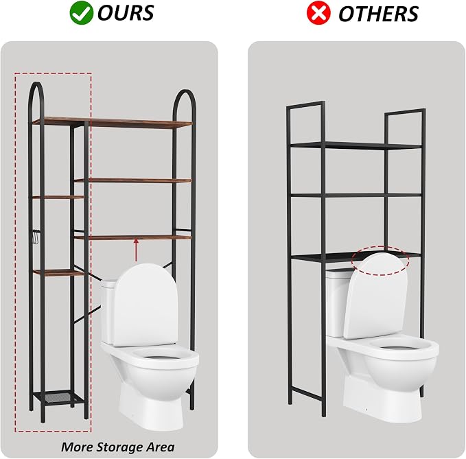 HOMEFORT Over The Toilet Storage with Side Rack, 6-Tier Over Toilet Storage Rack with Adjustable Shelf, Space Saver Bathroom Organizer for Laundry, Balcony, Kitchen,31.5"W x 9.4"D x 65"H,Rustic Brown