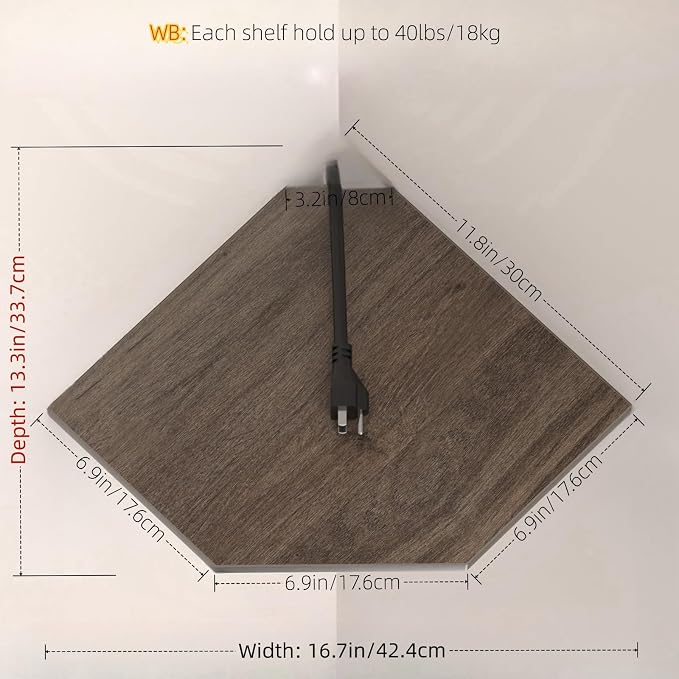 JJL Corner Shelf, 12 Inch Corner Shelf Wall Mounted with Wire Hole, 2 Tier 13.3 Inch Deep Wooden Corner Hanging Shelves for Wall Storage, for Speaker, Cable Box, Grey