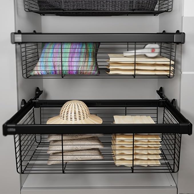 Pull Out Cabinet Storage Basket,Stackable Detachable Baskets Closet Storage Box,Telescopic Coat Drawer for Kitchen,for Kitchen Office Wardrobes Cupboard Storage(Black,414x456x205mm)