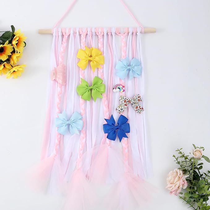 YOcity Bow Holder for Girls Hair Bows Organizer for Girls with Lace Ribbon Perfect for Baby Girl Nursery Room Decor (White+Pink)