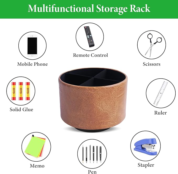 Round Leather Art Supply Organizer,Remote Control Holder,360 Degree Spinning,Multi-Functional Pencil Holder,4 Compartments Desktop Stationary Organizer(1-Crazy Brown)